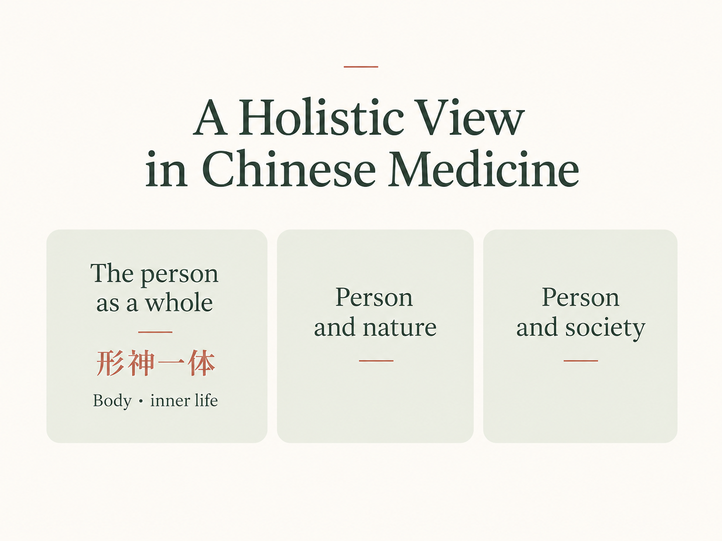 Three layers of the holistic view in Traditional Chinese Medicine: the person as a whole, person and nature, and person and society.