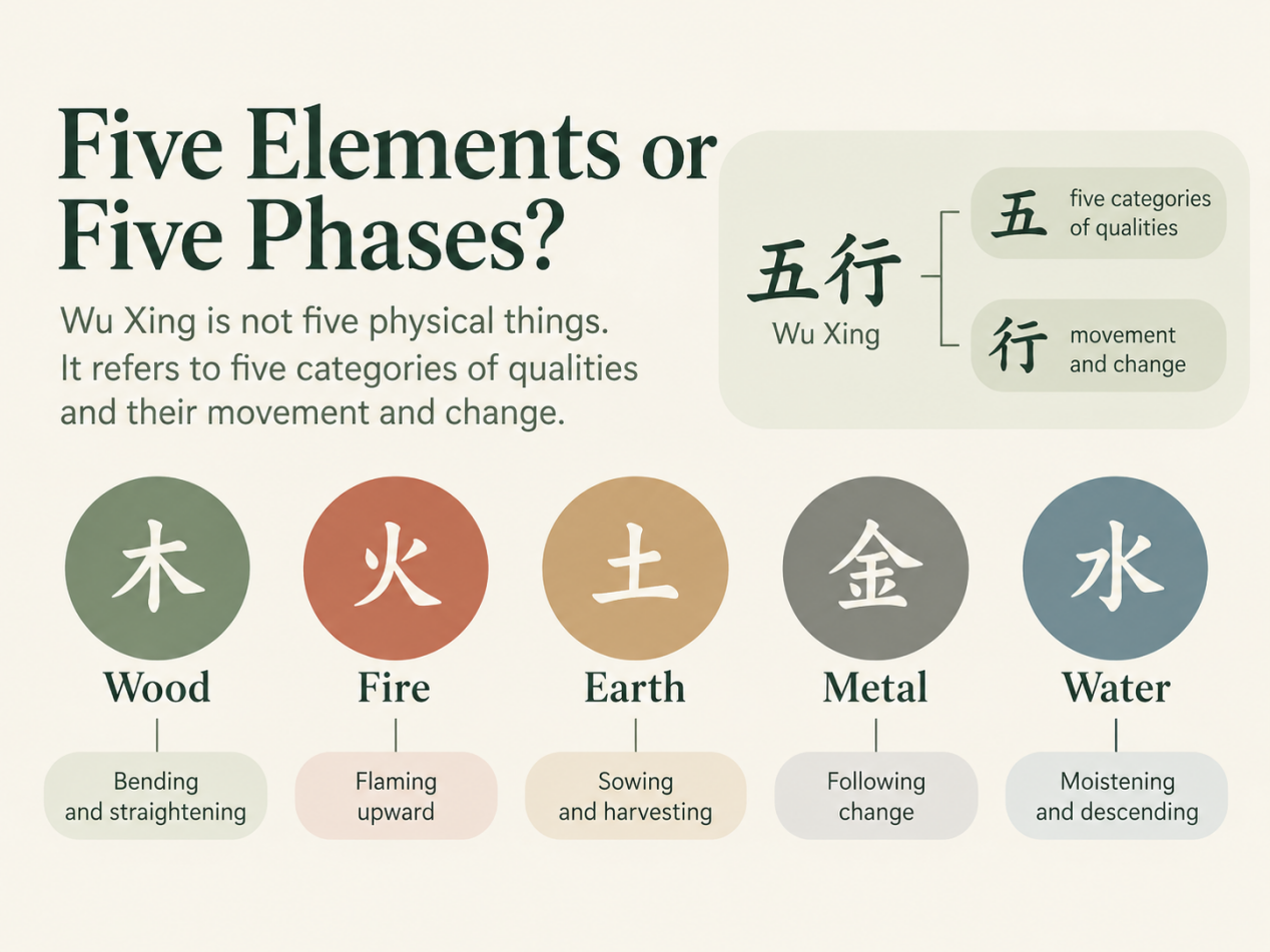 Wu Xing as five categories of qualities and movement and change: Wood, Fire, Earth, Metal and Water.