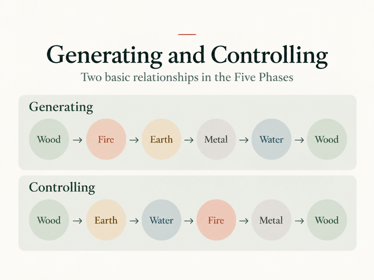The generating and controlling sequences of the Five Phases, with Wood, Fire, Earth, Metal and Water named at each step.