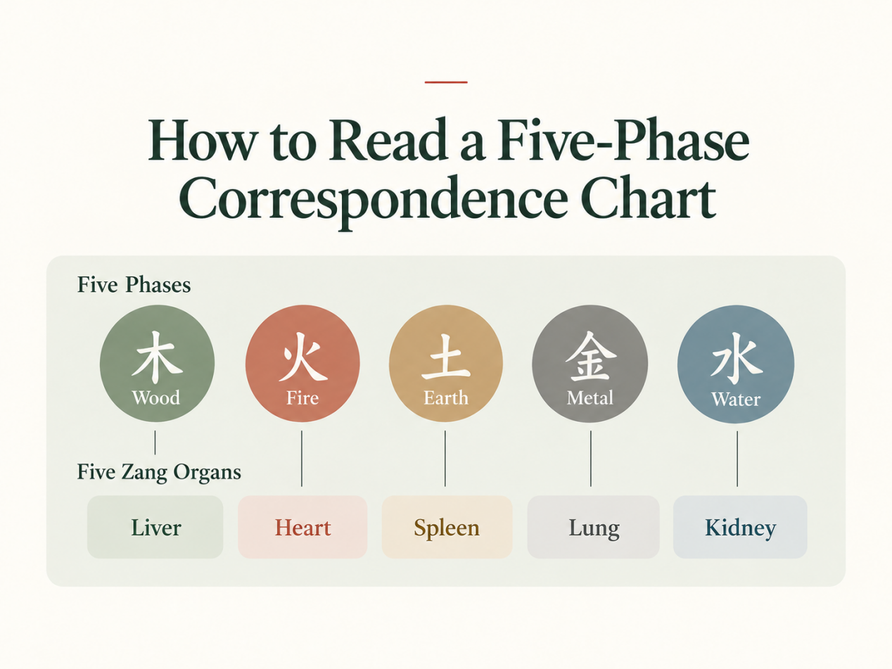 The Five Phases linked with five Zang organ names: Wood and Liver, Fire and Heart, Earth and Spleen, Metal and Lung, Water and Kidney.
