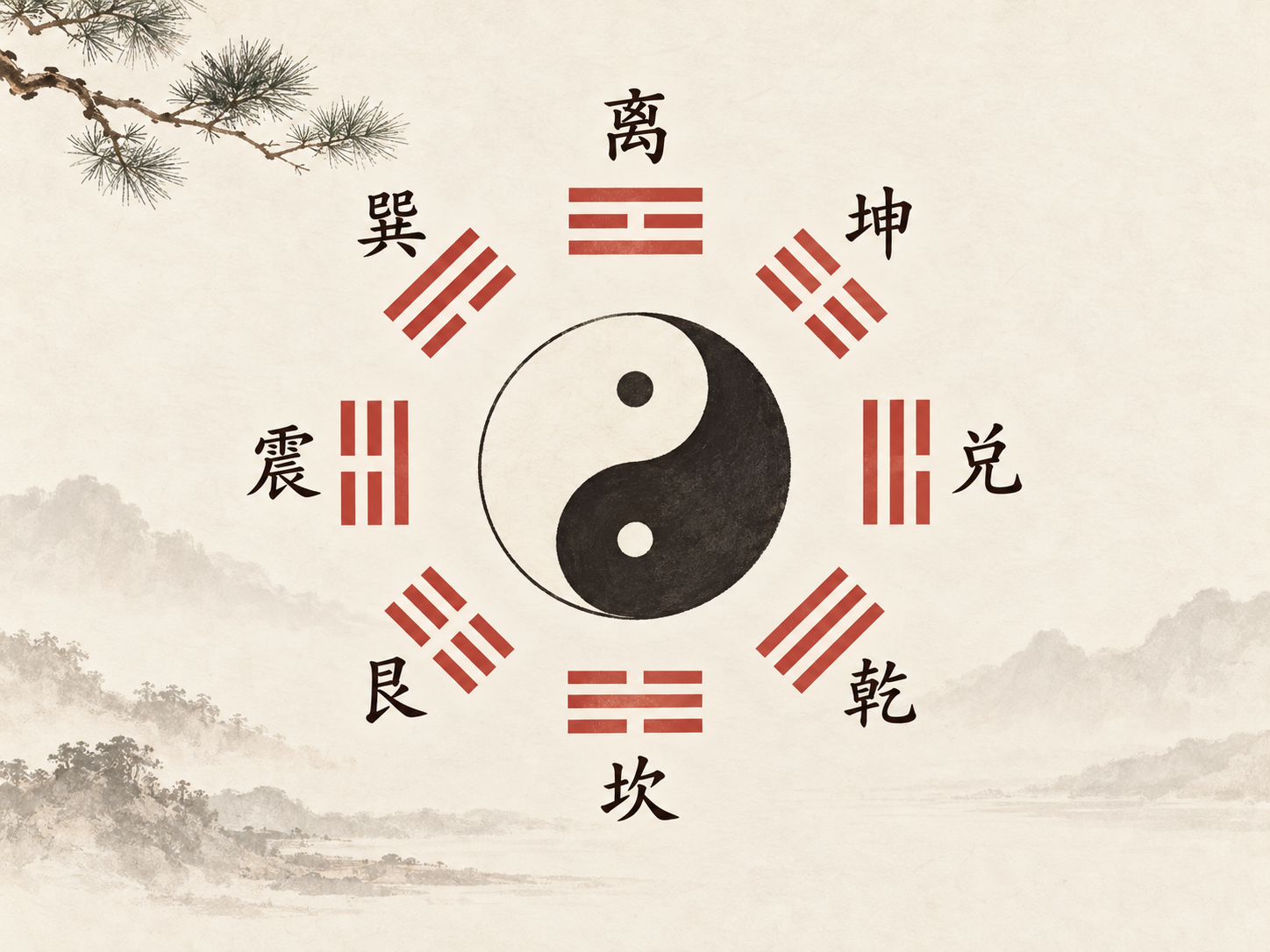 An ink-style Yin–Yang symbol surrounded by the eight labelled trigrams on an ivory background.