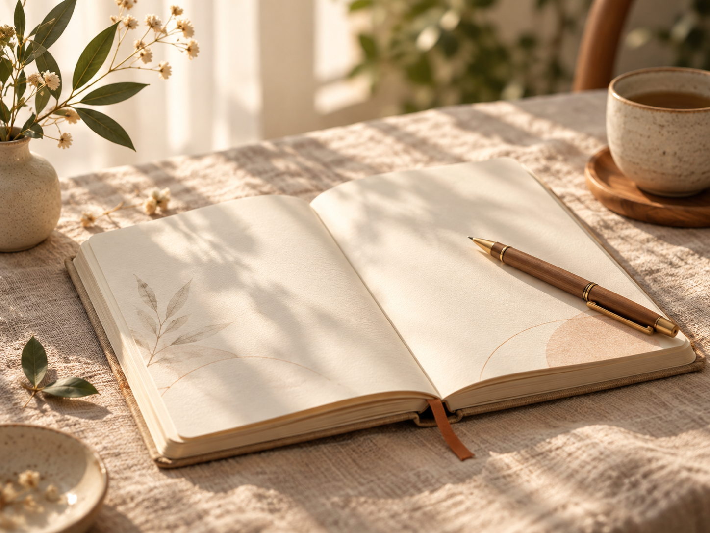 An open blank notebook and pen beside a teacup and plants in warm natural light.