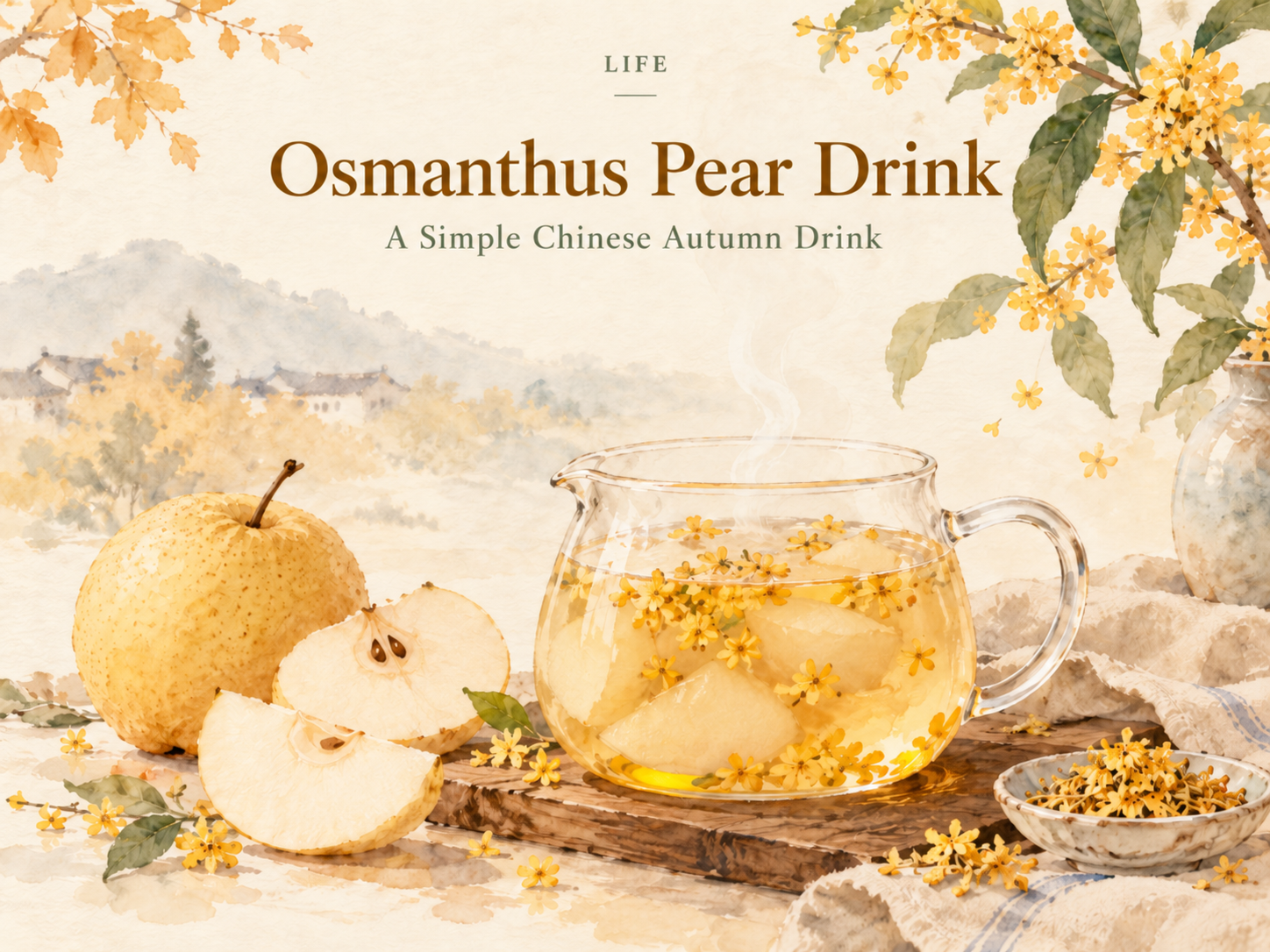 Wet-watercolor illustration of a warm osmanthus pear drink with pears and golden blossoms.