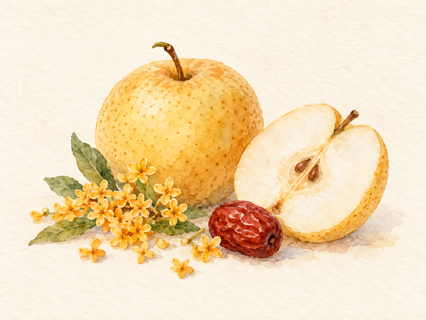 Wet-watercolor illustration of a pear and osmanthus blossoms.