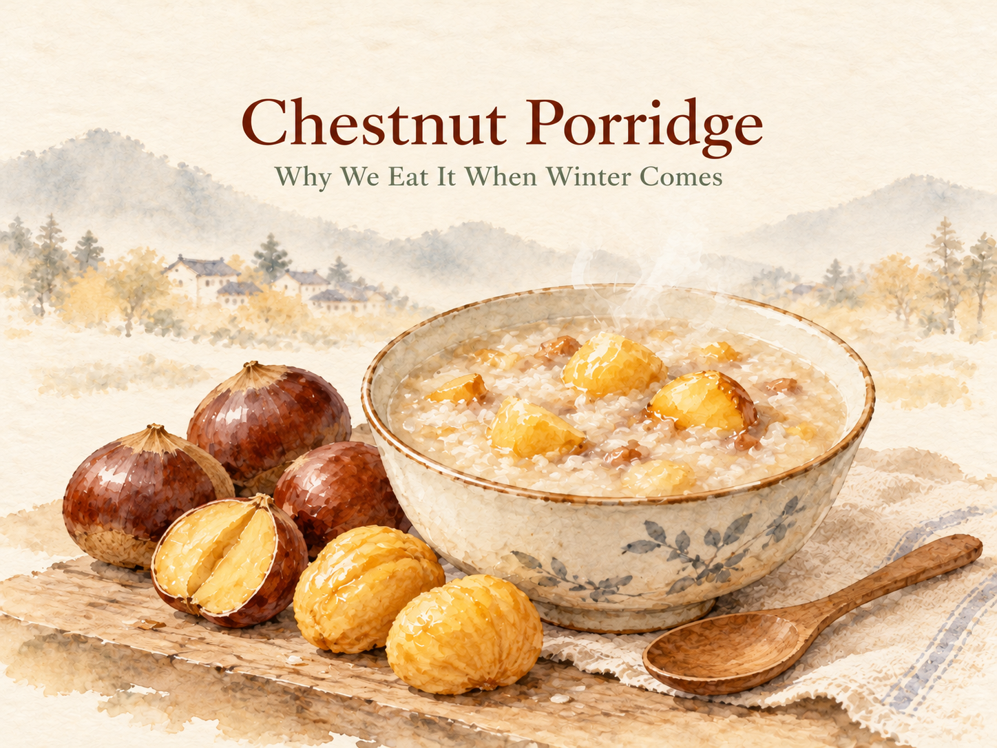 Wet-watercolor illustration of a bowl of chestnut rice porridge.