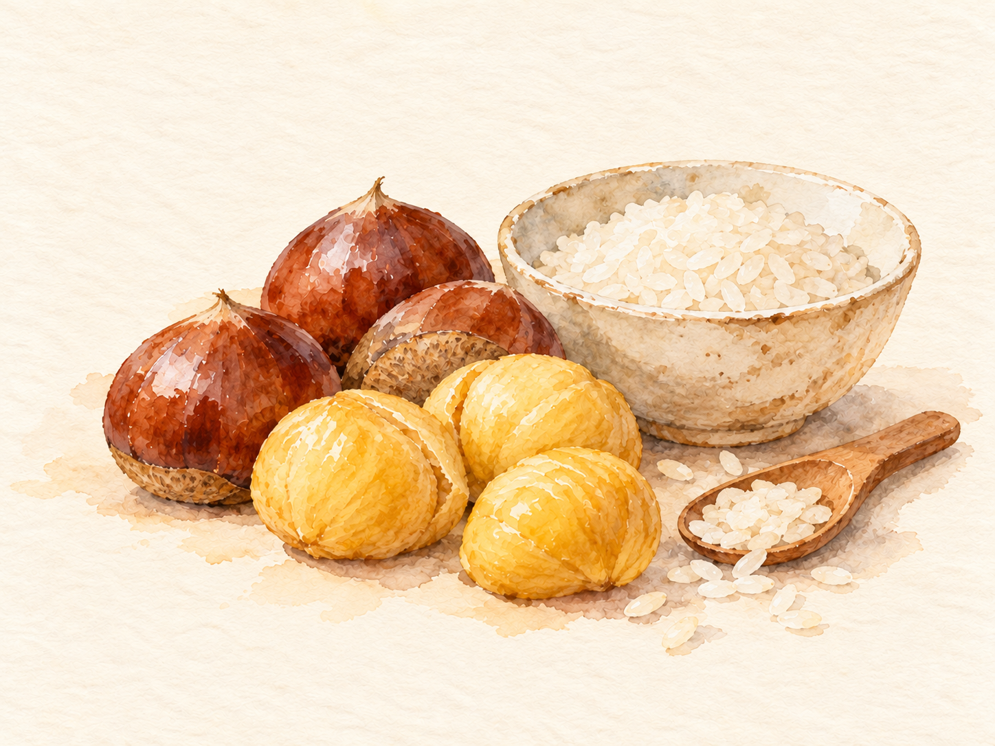 Wet-watercolor illustration of chestnuts.