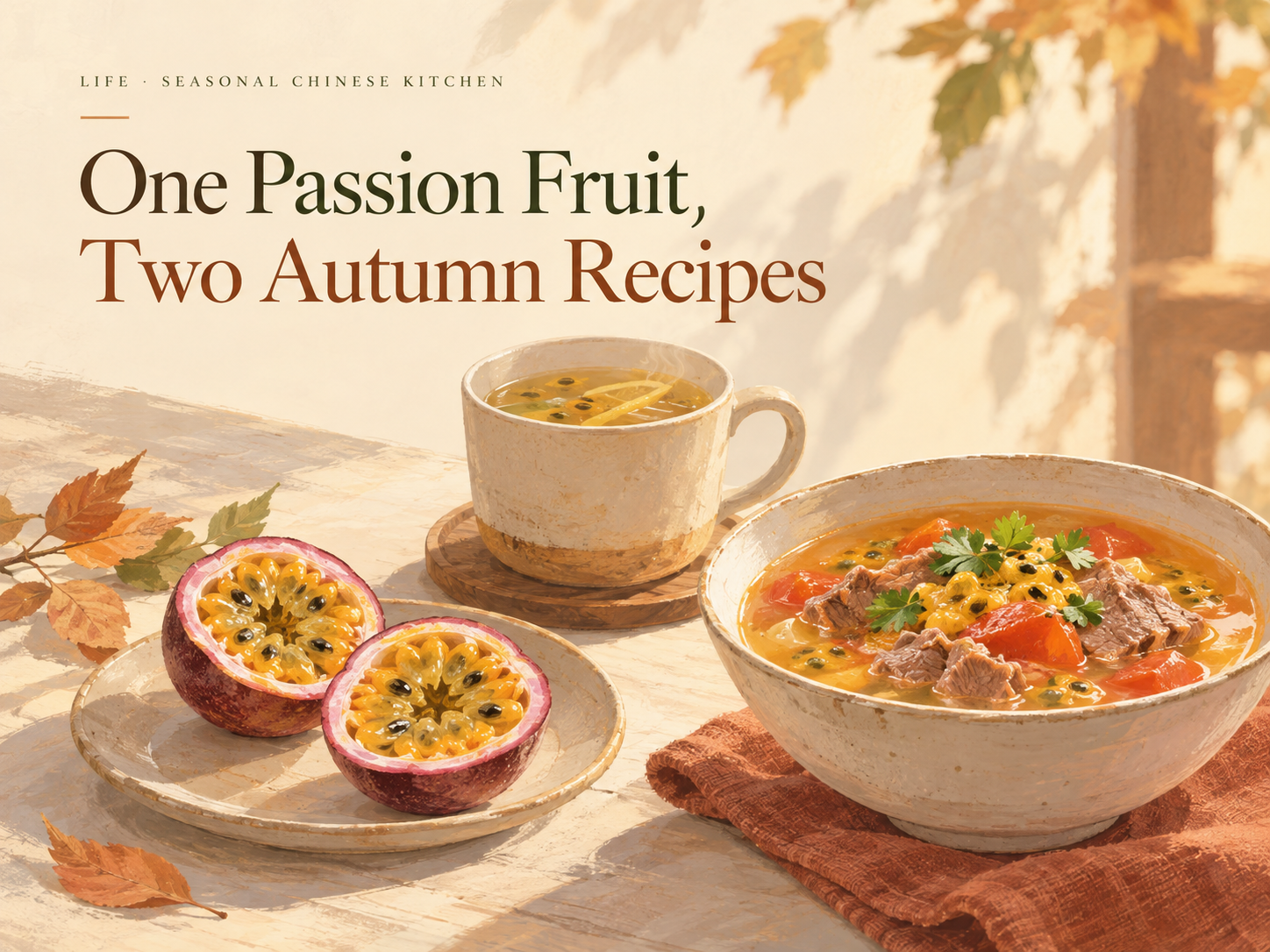 Illustration of passion fruit, a warm drink and beef in a bowl of sour broth on a kitchen table.